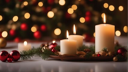 Obraz na płótnie Canvas a crisp image of a single lit candle, gently flickering in a quiet room adorned with minimalistic holiday decorations. Emphasize the warm glow of the flame against the serene background.