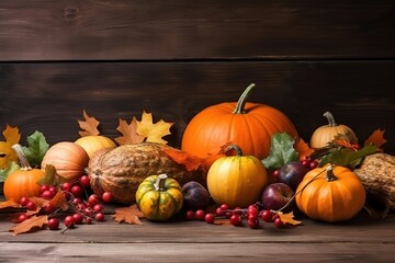 Happy Thanksgiving. Thanksgiving pumpkins and Autumn leaves. Thanksgiving Food Party. Thanksgiving Concept.Thanksgiving Background. Thanksgiving Theme. Generative Ai