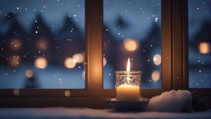 Fototapeta premium crisp image of a single lit candle, gently flickering in a quiet room adorned with minimalistic holiday decorations. Emphasize the warm glow of the flame against the serene background.