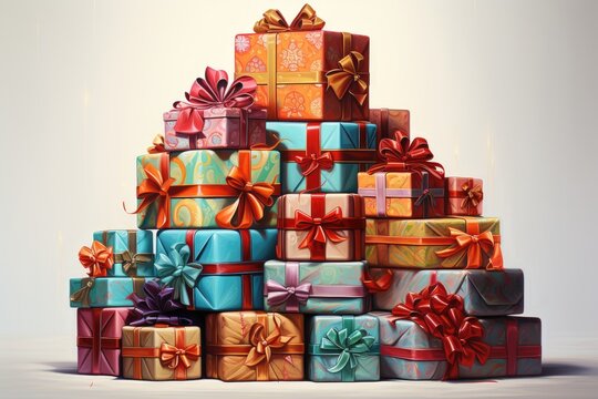 Big Stack Of Colorful Christmas Presents   Christmas Gift Boxes