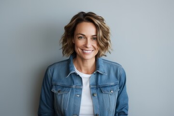Obraz premium Portrait of a smiling woman standing against grey background and looking at camera