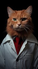 Portrait of a red doctor cat in a medical coat and with a phonendoscope