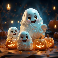 3d cute ghost character halloween background