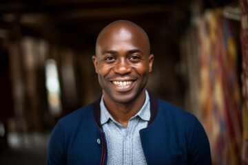 Fototapeta premium Portrait of happy african american man smiling at camera in street