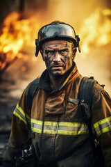 Obraz premium Generative AI illustration of a firefighter putting out a fire in the forest surrounded by flames