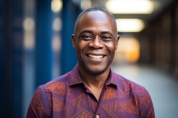 Portrait of a handsome African man smiling at the camera in a corridor