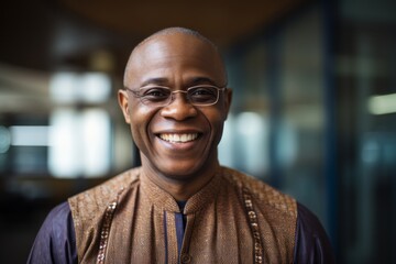 Fototapeta premium Portrait of smiling businessman with eyeglasses in corridor at office