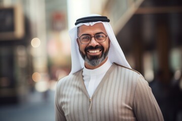 Portrait of smiling arabian businessman with eyeglasses in city