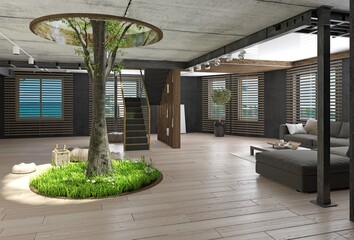 Modern loft interior with the tree inside.