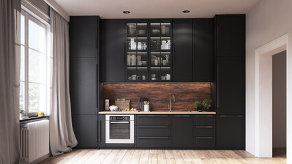 Black kitchen interior.