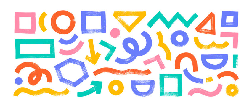 Trendy geometric vector graphic elements. Basic primary shapes in childish style. Brush drawn multi colored squares, circles, triangles, wavy lines and swirls. Zigzag and arrows isolated elements.