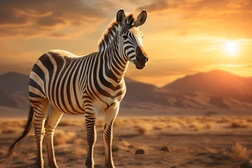 Poster Zebra standing at desert with sunset. Animal background.  © Pacharee
