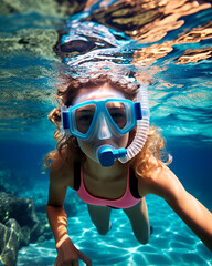 Young woman at snorkeling in the tropical water with colorful fishes and corals. Shallow field of view