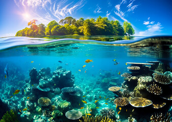Fototapeta na wymiar Tropical water with corals and colorful fishes, and a palm tree beach in the background. Concept of the tropics, warmth and vacation time. Half underwater and half above water. Shallow field of view.