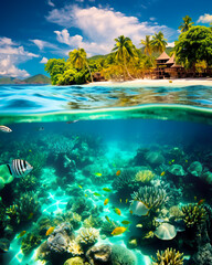 Tropical water with corals and colorful fishes, and a palm tree beach in the background. Concept of the tropics, warmth and vacation time. Half underwater and half above water. Shallow field of view.