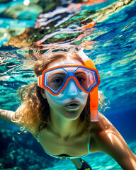 Naklejka premium Young woman at snorkeling in the tropical water with colorful fishes and corals. Shallow field of view