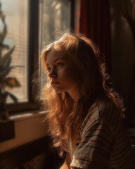 Fototapeta na wymiar Beautiful and melancholy girl, sitting in a daze by the window at home, in the afternoon sunshine