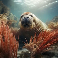 A photorealistic portrait of Walrus in a natural sea setting, surrounded by coral and seaweed