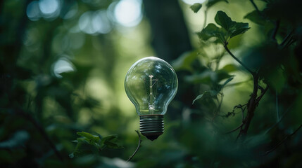 Light bulb full of green leaves and tree on green natural background.