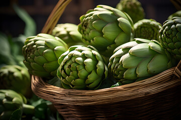 Photo of a basket filled with fresh green artichokes on a rustic wooden table