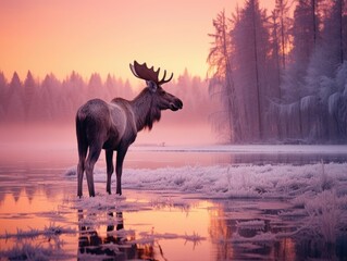 Moose at the lake edge. Generative AI