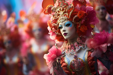 A vibrant scene of a carnival procession with people wearing carnival costume