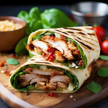 Grilled chicken wrap and tomatoes on a table. Generative AI