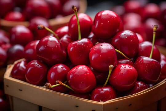 Photo of a rustic wooden basket overflowing with ripe red cherries