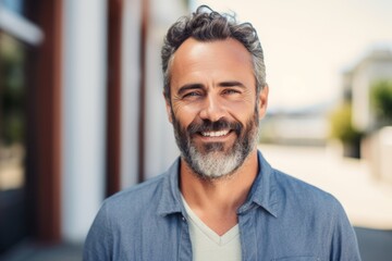 Portrait of handsome mature man smiling at camera while standing outside home