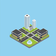 City intersection with car park building isometric 3d vector concept for banner, website, illustration, landing page, etc
