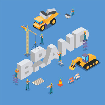 construction site vehicles building BRAND word isometric 3d vector concept for banner, website, illustration, landing page, etc