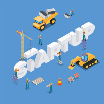 construction site vehicles building STARTUP word isometric 3d vector concept for banner, website, illustration, landing page, etc