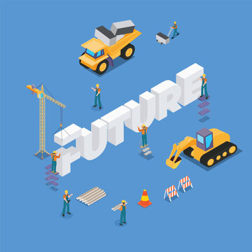 construction site vehicles building FUTURE word isometric 3d vector concept for banner, website, illustration, landing page, etc