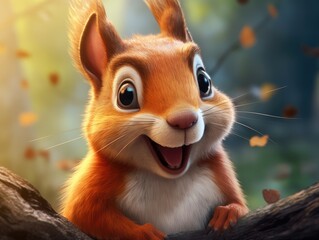 a cute and happy squirrel with eyes wide open in cartoon style
