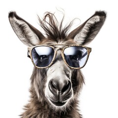 close-up of Donkey with sunglasses on white background