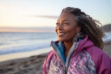 Portrait of smiling african american woman on beach at sunset - Powered by Adobe