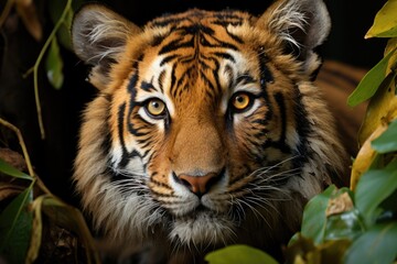 Fototapeta premium A tiger leaps gracefully from tree to tree, hunting its prey.