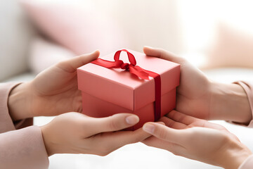Close up of a couple holding hands and exchanging gift box - obrazy, fototapety, plakaty