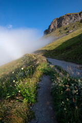 Beautiful morning landscape with fog and mountains