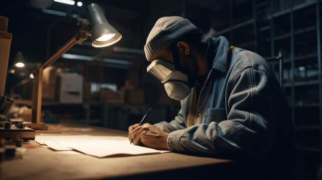 male worker wearing mask writing notes.