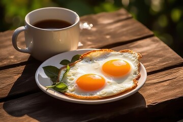 two eggs on a plate next to a cup of coffee, created by Generative AI