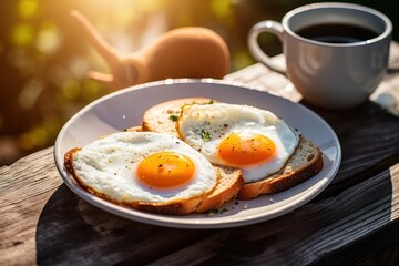 Two fried eggs on a plate next to a cup of coffee, created by Generative AI