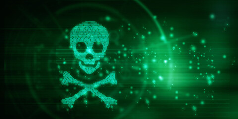 2d rendering Digital skull and crossbones on binary code