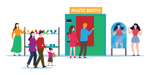Couple, family going into photobooth 2d vector illustration concept for banner, website, landing page, flyer, etc