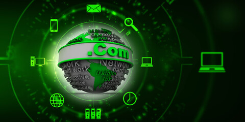 3d illustration globe with word dot com