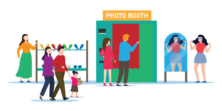 Couple, family going into photobooth 2d vector illustration concept for banner, website, landing page, flyer, etc