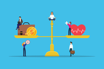 Money and health balance - work and play 2d vector illustration concept for banner, website, landing page, flyer, etc