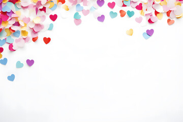 Flat lay of heart shaped confetti and colorful streamers - obrazy, fototapety, plakaty