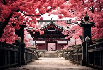 Beautiful red cherry blossom in chinese temple, asia