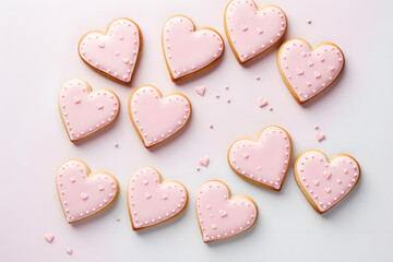 Flat lay of heart shaped cookies with icing decorations - obrazy, fototapety, plakaty